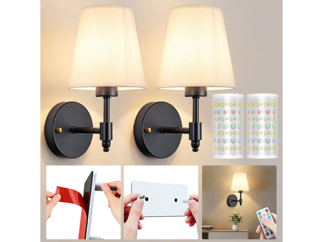 Battery Operated Wall Sconce, Peel and Stick Sconces Set of 2 Wireless Adhesive Stick On Wall Sconce, 10000mAh Rechargeable RGB Bulb with Remote,...