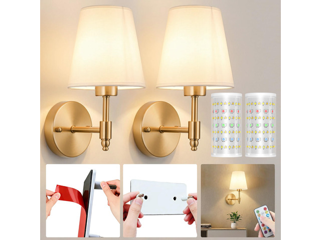 Battery Operated Wall Sconce, Peel and Stick Sconces Set of 2 Wireless Adhesive Stick On Wall Sconce, 10000mAh Rechargeable RGB Bulb with Remote,...