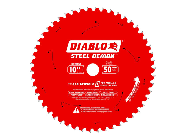 Steel Demon Cermet II Saw Blade for Medium Metal - 10' Diameter 50 TCG Teeth, 1' Arbor.083' Kerf, 0Â° Hook Angle.071' Plate, 3000 Max RPM - D1050CF