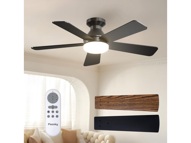 42 Inch Black Low Profile Ceiling Fans with Lights and Remote Flush mount, 3-color dimmable light, quiet reversible DC motor, easy install, memory,...