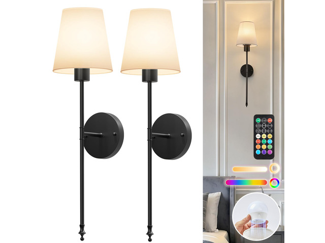 Battery Operated Wall Sconces Set of 2,Black Sconces Wall Decor RGBWW Rechargeable Wall Lights with Dimmable Magnetic Bulbs & Remote, Wireless Wall...