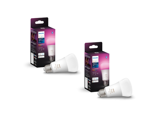 Smart 75W A19 LED Bulb - White and Color Ambiance Color-Changing Light - 2 Pack - 1100LM - E26 - Indoor - Control with Hue App - Compatible with...