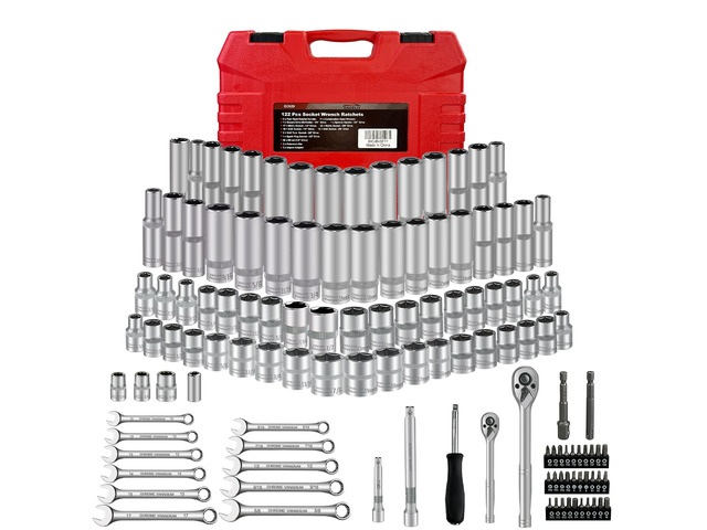 122Pcs 1/4' & 3/8 Drive Impact Socket Set, Ratchet Socket Wrench Set with Extention Bar, Adapter, Screw Bits,Drive Bit Holder, Spark Plug Socket,CR-V