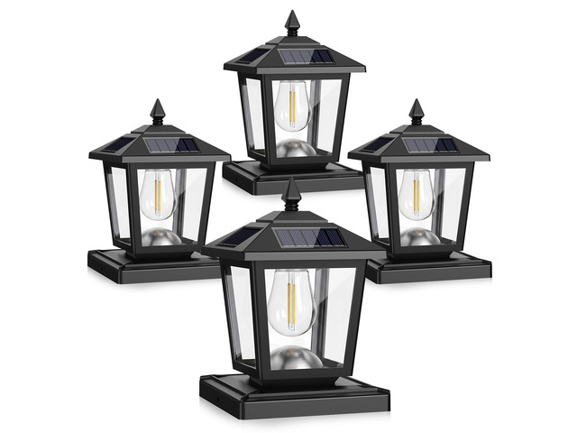 4 Pack Solar Post Cap Lights Outdoor 2 Brightness Fit 3.5x3.5 4x4 5x5 5.5x5.5 Posts, Waterproof, Warm White Edison Bulb(Non-replaceable), Post Top...