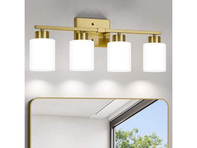 Brushed Gold Bathroom Light Fixtures Vanity Lights Over Mirror Modern 4-Light Lighting Fixtures for Bathroom With Milky White Frosted Glass Shades,...