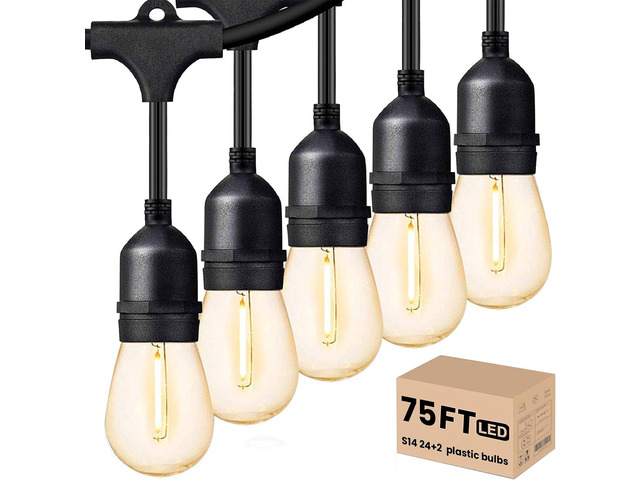 Outdoor String Lights 75 FT LED Outside Patio E26 Edison Waterproof Commercial Grade Patio Light with Shatterproof S14 Dimmable Vintage Bulbs,...