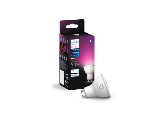 Smart 60W GU10 LED Bulb - White and Color Ambiance Color-Changing Light - 1 Pack - 450LM - Indoor - Control with Hue App - Compatible with Alexa,...