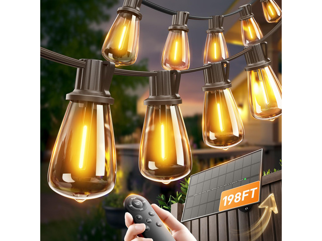 198FT(192+6) Solar String Lights Outdoor with Remote, Long-Lasting Waterproof Patio Lights, Dimmable & Timable Hanging Solar Light with 60 LED...
