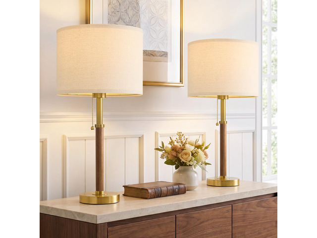 Wood Table Lamps 22' Mid Century Modern Lamps for Bedroom Living Room Lamps Pull Chain Lamps Set of 2, Mcm Bedside Lamps for Night Stands, Vintage...