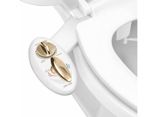 NEO 320 - Warm Water Bidet Attachment for Toilet Seat, Gold Non-Electric, Warm Water, Dual Nozzle, Self-Cleaning, Adjustable Water Pressure, Rear &...