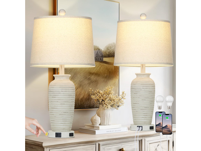25' Retro White Farmhouse Jar Table Lamps Set of 2, 3 Way Touch Control Rustic Bedside Lamps with USB A+C Ports & AC Outlet, Pot Nightstand Lamps...