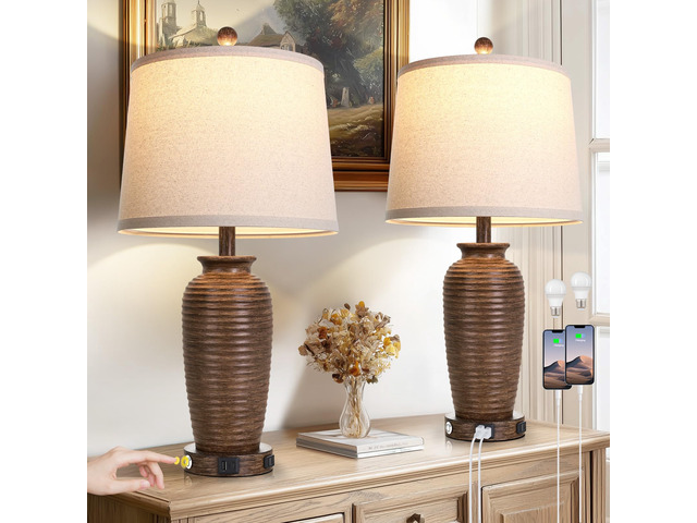 25' Retro Walnut Brown Farmhouse Jar Table Lamps Set of 2, 3 Way Touch Control Rustic Bedside Lamps with USB A+C Ports & AC Outlet, Pot Nightstand...