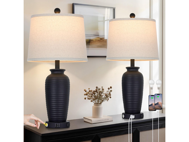 25' Retro Black Farmhouse Jar Table Lamps Set of 2, 3 Way Touch Control Rustic Bedside Lamps with USB A+C Ports & AC Outlet, Pot Nightstand Lamps...
