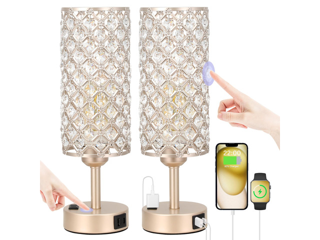 Touch Table Lamps for Bedrooms Set of 2-3 Way Dimmable Champagne Gold Crystal Lamps with Crystal Shade, Bedside Nightstand Lamp for Living Room...
