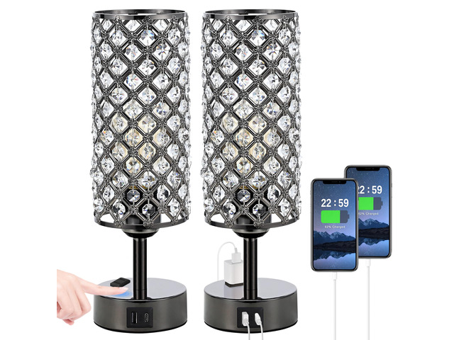Crystal Table Lamp Touch Control Set of 2, 3-Way Black Crystal Lamps with USB C+A Ports & AC Outlet, Dimmable Nightstand Desk Lamps,Modern Bedside...