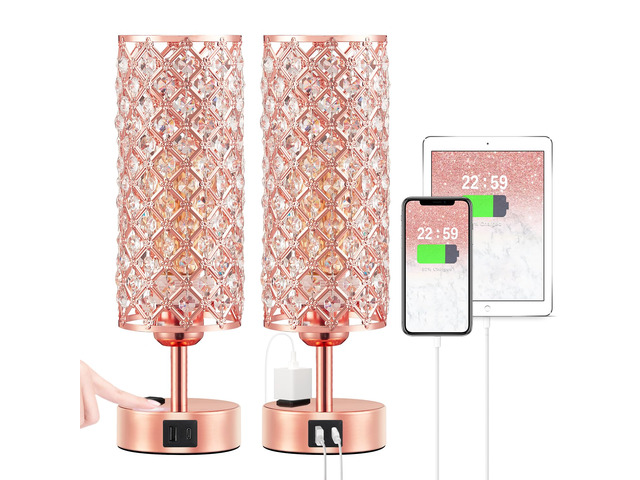 Rose Gold Lamp Set of 2, 3-Way Crystal Table Lamp Touch Control with USB-C+A & AC Ports, Dimmable Nightstand Desk Light, Pink Bedside Table Lamp...