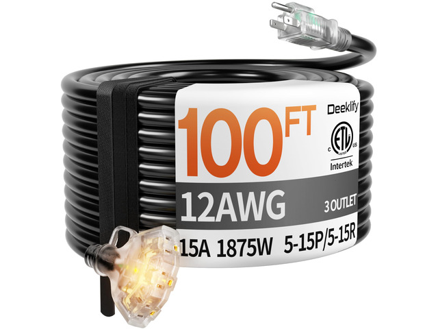 100FT 12 Gauge Black Outdoor Extension Cord with Multiple Outlets 3 Outlet Black Extension Cord 100 Feet, Indicator Light & Hook, Flexible...