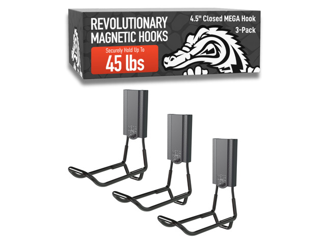MEGA 4.5 in Closed Hooks, 45 lb Magnetic Hooks 3 Pack Patented Easy-Release, Non-Slip Grip. Works on steel cabinets, doors, garage, toolboxes,...