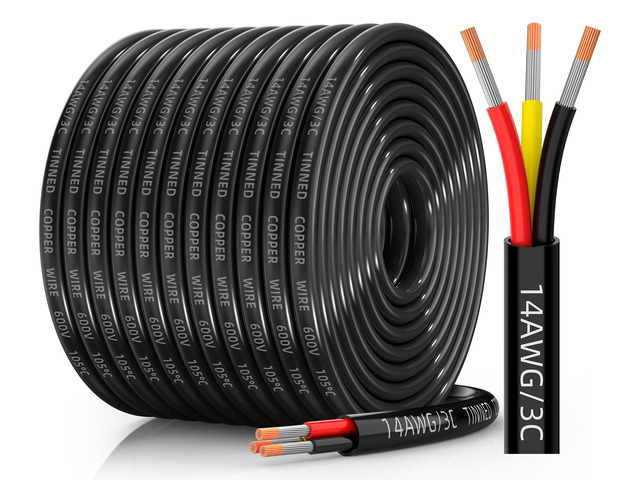 14 Gauge Wire, 14/3 Conductor Tinned Copper Electrical Wire, 100FT Flexible, Waterproof & Flame-Retardant Low-Voltage 14 AWG 3 Wire Cable with PVC...