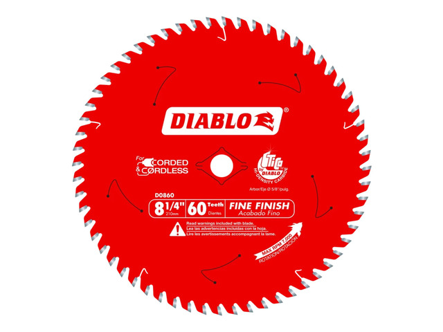 Fine Finish Saw Blade - 8-1/4 in Diameter, 60 ATB Teeth Tico Hi-Density Carbide and Perma-Shield - Ideal for Wood, Plywood and Melamine - D0860X