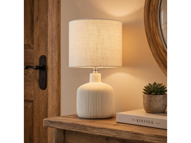 Ceramic Table Lamp, Off-White, 17.75' Rustic Farmhouse, Beige Linen Shade, Warm Ambient Lighting, Bedside Nightstand