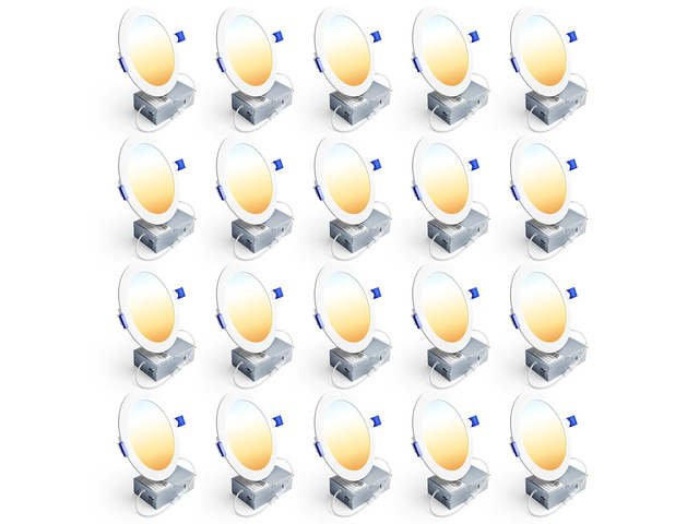 20 Pack 6 Inch LED Recessed Light, 5CCT Dimmable Canless Wafer 2700K-5000K Selectable, 5%-100% Dimmable, 1200LM 12W 120V, IC & Damp Rated, ETL &...