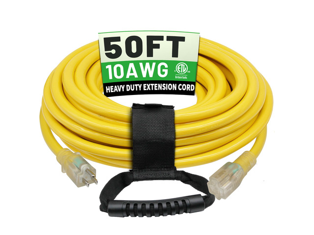 50 Ft 10AWG Outdoor Extension Cord, Yellow Waterproof Heavy Duty, 10 Gauge 3 Prong, Flexible Cold-Resistant, Indoor & Outside with Lighted...