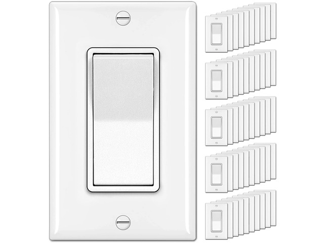 [50 Pack] Single Pole Decorator Wall Light Switch with Wallplate, 15A 120/277V, On/Off Rocker Paddle Interrupter, UL Listed, White