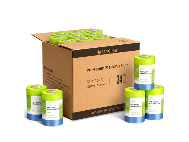 Pre-Taped Masking Film - 22' x 66' Painters Plastic Sheeting with Painter's Tape and Drape for Automotive & House Painting, Covering Cars, Walls,...