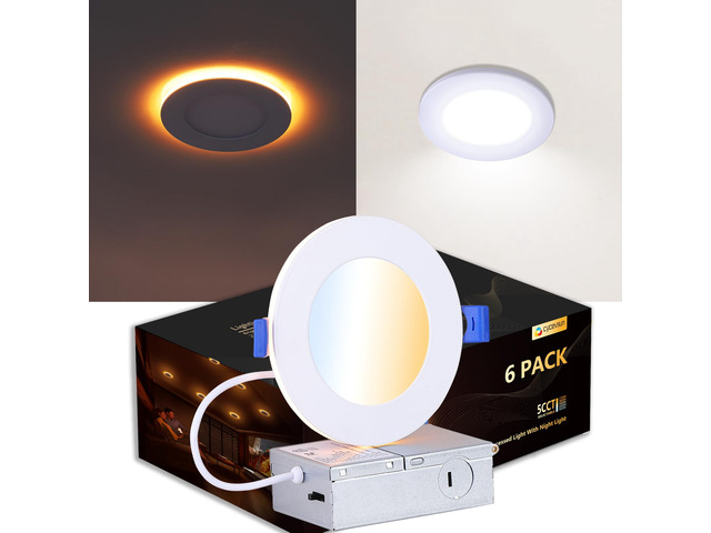 4 Inch 6 Pack LED Recessed Lighting with Night Light Canless, Ultra Thin, Wafer Downlight, Soffit, 5CCT, Dimmable, 9W, 750LM, ETL, Energy Star, IC...