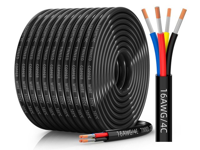 16 Gauge Wire, 16/4 Conductor Tinned Copper Electrical Wire, 100FT Flexible, Waterproof, Flame Retardant, Low Voltage 16 AWG Stranded PVC 4 Wire...