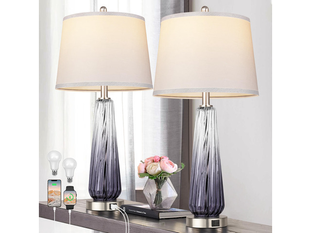 Glass Table Lamps Set of 2, Modern Bedside Lamps for Bedrooms with USB A+C Ports, 3-Way Dimmable Touch Control Nightstand Lamp with White Linen...