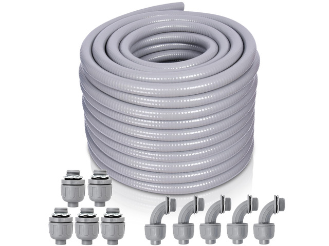 Liquid-Tight Conduit and Connector Kit - 3/4 Inch 75 FT Non Metallic Liquid Tight Electrical Conduit with 5 Straight and 5 Angle Fittings