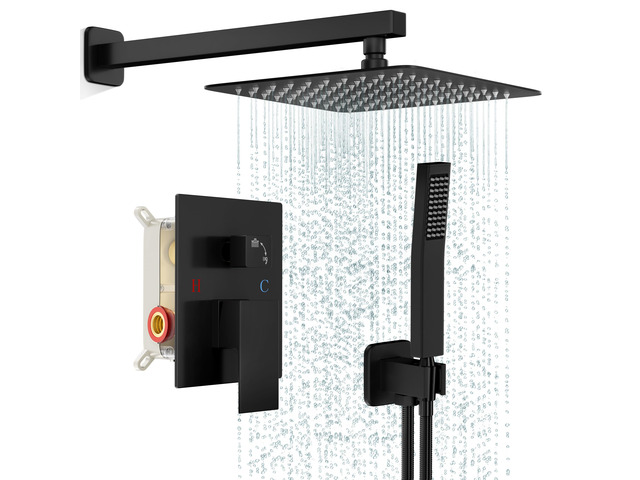 Shower Faucet Set with 8 Inch Matte Black Rain Shower Head Pressure Balance Shower Valve and Trim Kit, SUS304 Square Shower Head and Handle Set,...