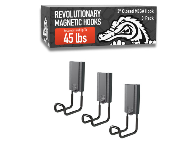 MEGA 3 in Closed Hooks, 45 lb Magnetic Hooks 3 Pack Patented Easy-Release, Non-Slip Grip. Works on steel cabinets, doors, garage, toolboxes, pole...