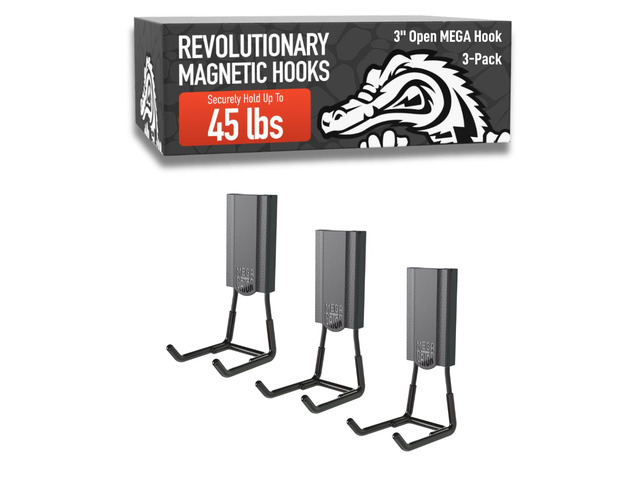 MEGA 3 in Open Hooks, 45 lb Magnetic Hooks 3 Pack Patented Easy-Release, Non-Slip Grip. Works on steel cabinets, doors, garage, toolboxes, pole...
