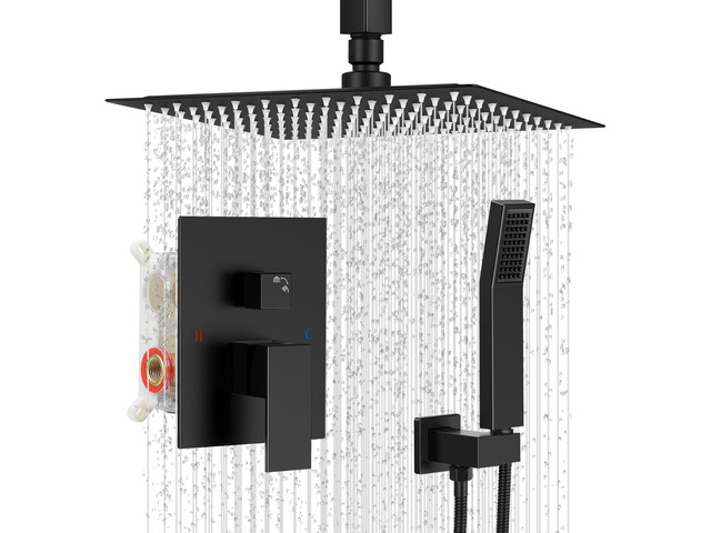 10' Square Ceiling Rain Shower Faucet Set,Matte Black Anti-scald cartridge, air tech boosts pressure 30%, dual spray, NPT 1/2