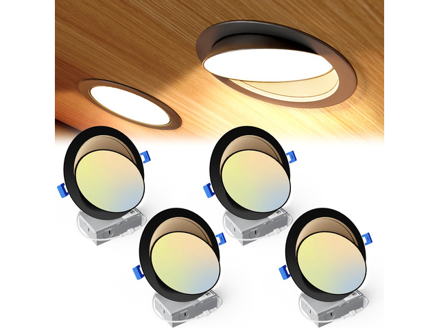 4 Pack 6 Inch Black LED Eyeball Gimbal Recessed Light, 5CCT 360°+90° Rotatable, 10%-100% Dimmable, 2700K-5000K Selectable, 12W 1300LM, 90+CRI,...