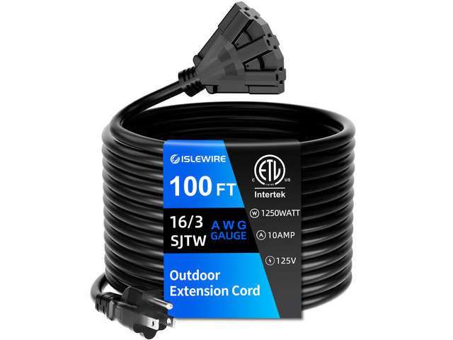 100 FT 3 Outlet Outdoor Extension Cord Waterproof, 16/3 SJTW Black Extension Cord with Multiple Outlets, Heavy Duty 16 Gauge 3-Prong Grounded Power...