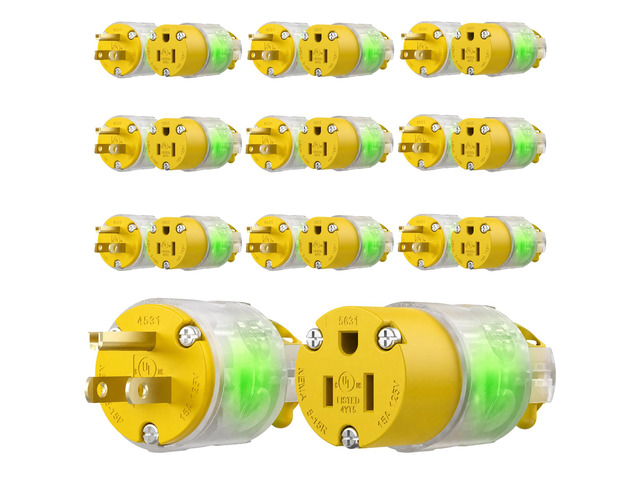 10 Sets Lighted Extension Cord Ends Replacement Plug 3 Prong 15A 125V NEMA 5-15P*NEMA 5-15R, Electrical Replacement Plug, Male and Female Extension...