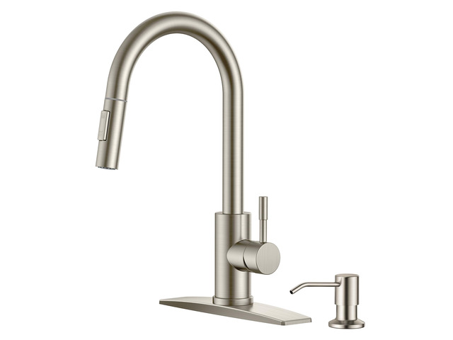 Kitchen Faucet with Soap Dispenser, Brushed Nickel Single Handle No-Lead Stainless Steel Sink Faucet with Pull Down Sprayer, 1 or 3 Holes Deck...