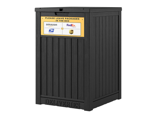 Package Delivery Box for Outside, Black with Sign, Secure Lockable, Waterproof, Resin, for Porch & Garden