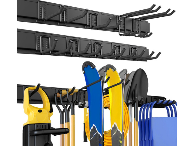 64 Inches Garage Storage, Garage Organization Wall Mount Garden Tool Organizer, 620lbs Adjustable Metal Hooks, Yard Shed Rail Rack, Lawn Tool...