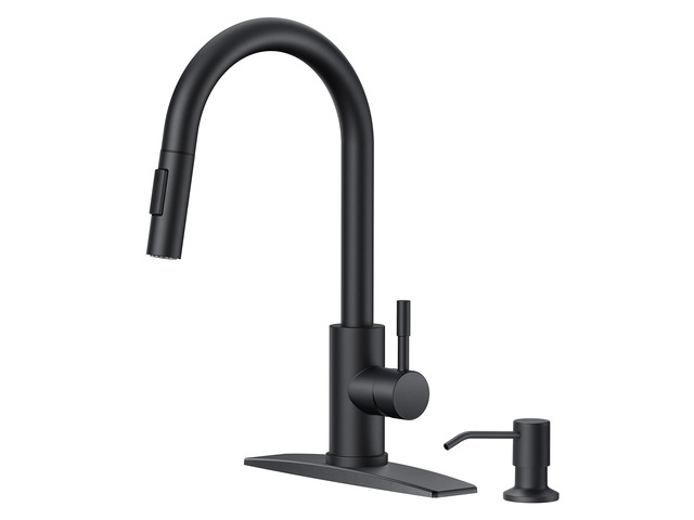 Black Kitchen Faucet with Soap Dispenser, High Arc Sink Faucet No-Lead Stainless Steel, 2-Mode Pull Down Sprayer, Single Handle, Deck Plate for 1...