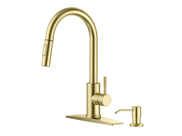 Gold Kitchen Faucet with Soap Dispenser, High Arc Single Handle No-Lead Stainless Steel Sink Faucet with Pull Down Sprayer, 1 or 3 Holes Deck...