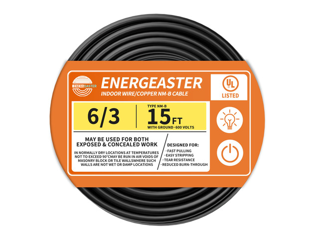 Stranded Indoor 6/3 NM-B Copper Cable with Ground 15FT, Black 15FT NMB Cable 6 Gauge Wire 3 Conductors 600V Bare Copper Non-Metallic Sheathed...