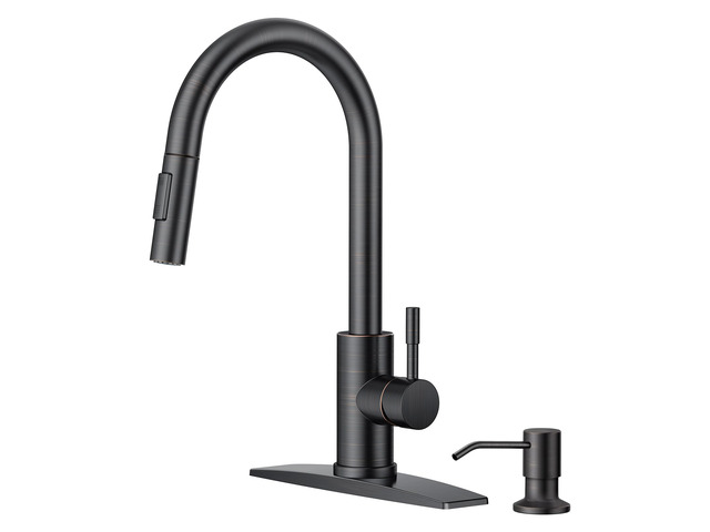 Kitchen Sink Faucet with Soap Dispenser, Oil Rubbed Bronze High Arc No-Lead Stainless Steel High Arc Faucet with Pull Down Sprayer, with Deck...