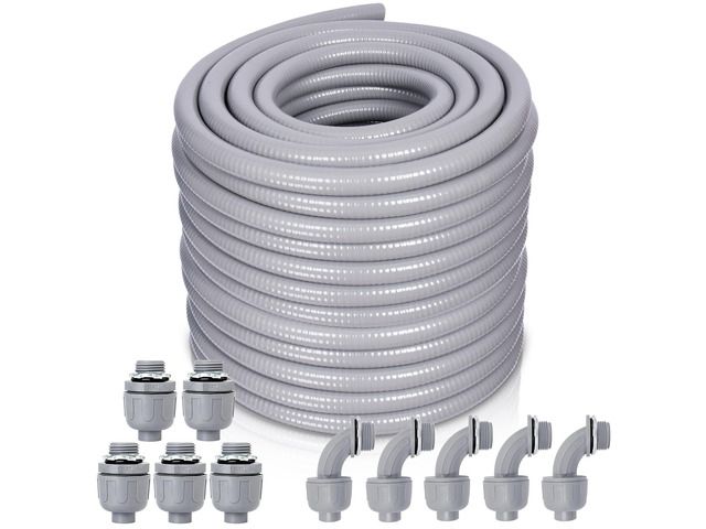 Liquid-Tight Conduit and Connector Kit - 1/2 Inch 100 FT Non Metallic Liquid Tight Electrical Conduit with 5 Straight and 5 Angle Fittings