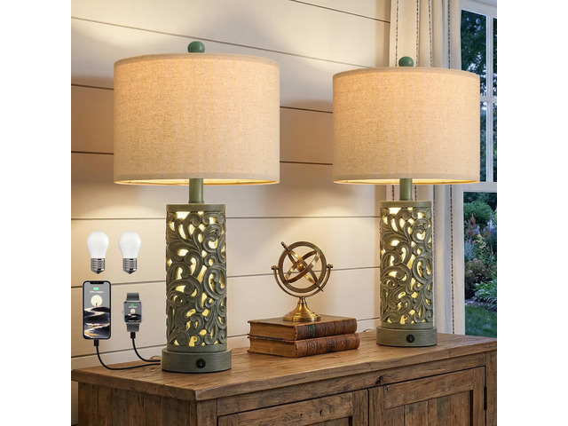 22'' Table Lamp Set of 2 for Living Room, Farmhouse Lamp for Bedroom, Vintage Bedside Lamps with Retro Design and USB Ports, Linen Shade for Home...