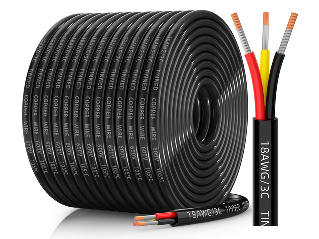18 Gauge Wire, 18/3 Conductor Tinned Copper Electrical Wire, 200FT Flexible, Waterproof & Flame-Retardant Low-Voltage 18 AWG 3 Wire Cable with PVC...